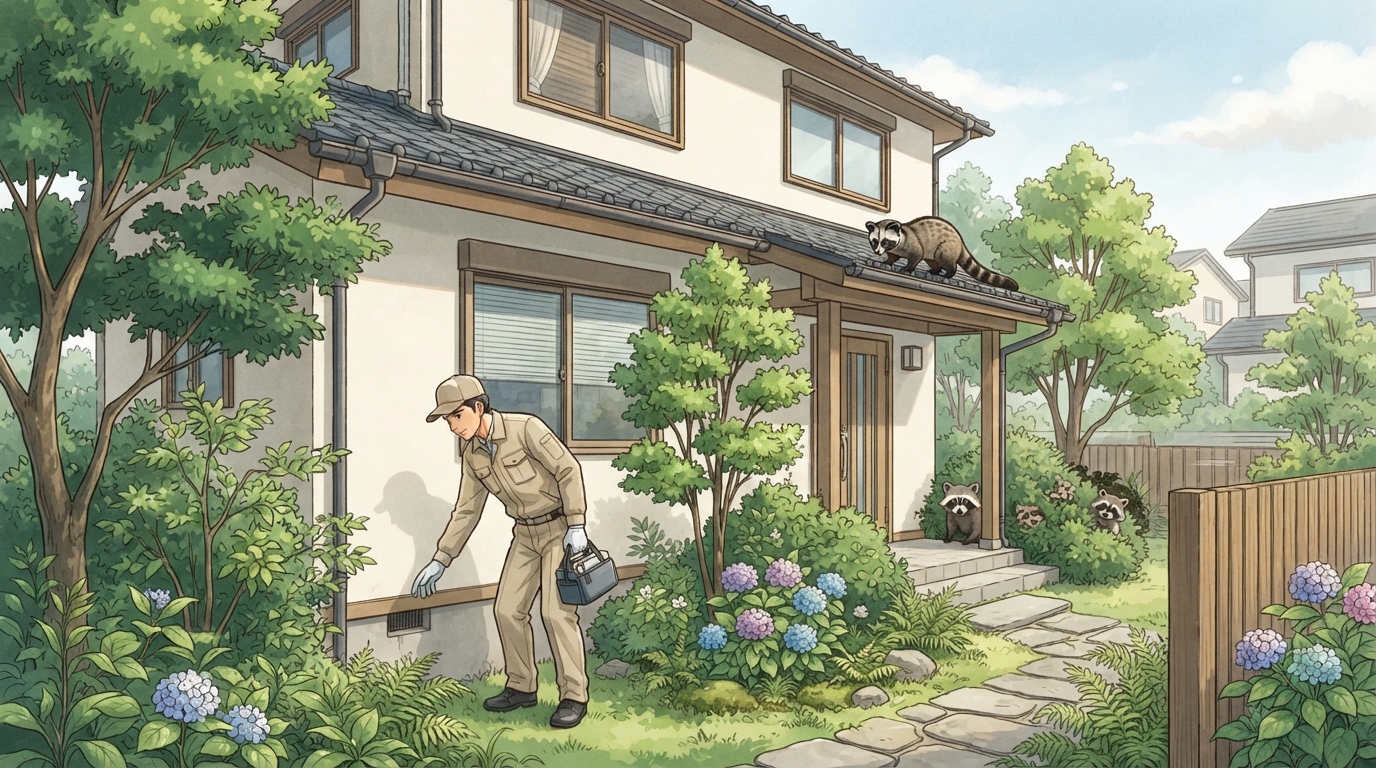 住宅の外壁の通気口を確かめる作業員と、屋根や玄関先にいる動物のイラスト